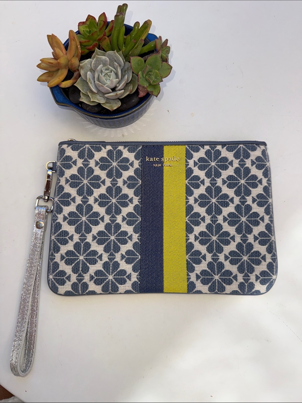 kate spade navy floral stripe wristlet with lime accent